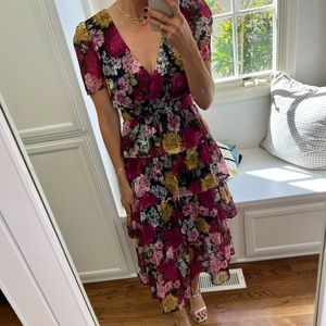 Adelyn Rae Eliza Floral Print Puff Sleeve Tiered Midi Dress Size S